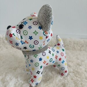 Designer-Style White Leather Multicolor Frenchie Plush Dog Figurine